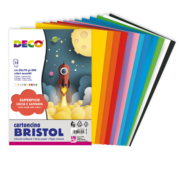 DECO - 717-15 - Busta di carta Bristol - 50 x 70 cm - colori assortiti - 15 fogli - Deco