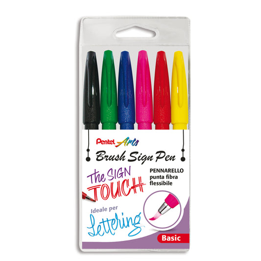 PENTEL - 0022050 - Pennarello Brush Sign Pen - colori assortiti - Pentel - conf. 6 pezzi