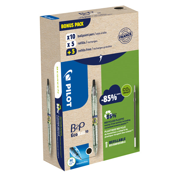 PILOT - 000032 - Penna a sfera scatto B2P Ecoball - punta 1.0 mm - 10 refill B2P inclusi - nero - Pilot - conf. 10 pezzi