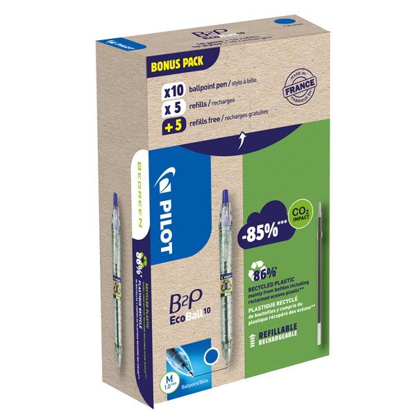 PILOT - 000033 - Penna a sfera scatto B2P Ecoball - punta 1.0 mm - 10 refill B2P inclusi - blu - Pilot - conf. 10 pezzi