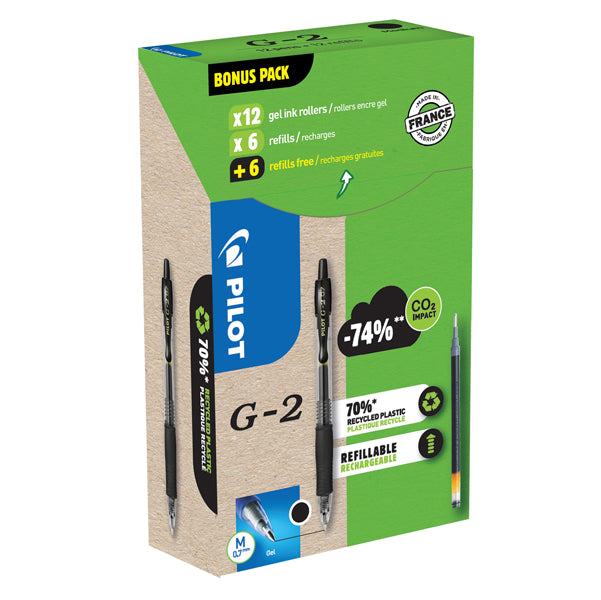 PILOT - 000023 - Penna roller gel scatto G-2 - punta 0,7 mm - 12 refill inclusi - nero - Pilot - conf. 12 pezzi