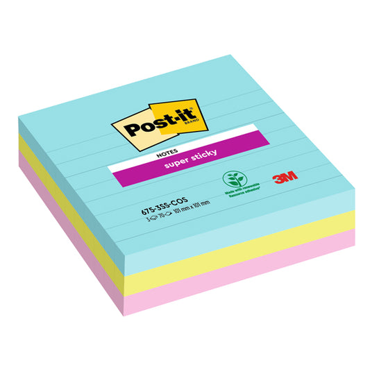 POST-IT - 7100234643 - Blocco Post it  Super Sticky - 675-3SS-COS - a righe - 101 x 101 mm - colori Cosmic - 70 fogli - Post it  - conf. 3 pezzi - 94358 -  Conf. da 1 Pz.