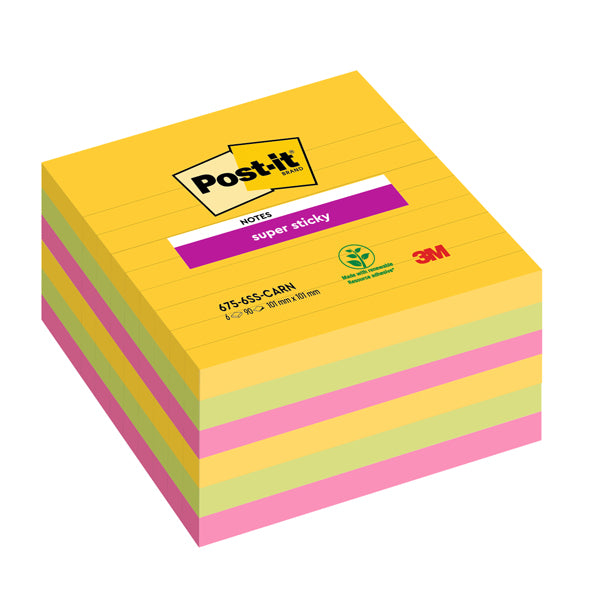POST-IT - 7100234516 - Blocco Post it  Super Sticky - 675-6SS-CARN - a righe - 101 x 101 mm - colori Carnival - 90 fogli - Post it  - conf. 6 pezzi - 94359 -  Conf. da 1 Pz.