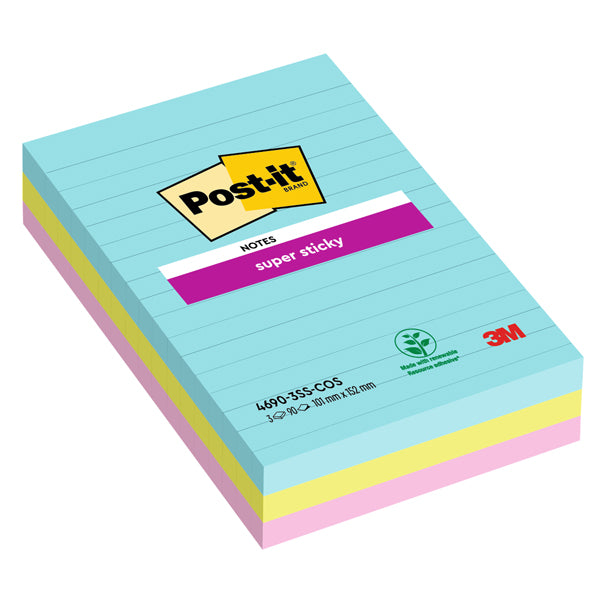 POST-IT - 7100234251 - Blocco Post it  Super Sticky - 4690-SS3COS - a righe - 101 x 152 mm - colori Cosmic - 90 fogli - Post it  - conf. 3 pezzi