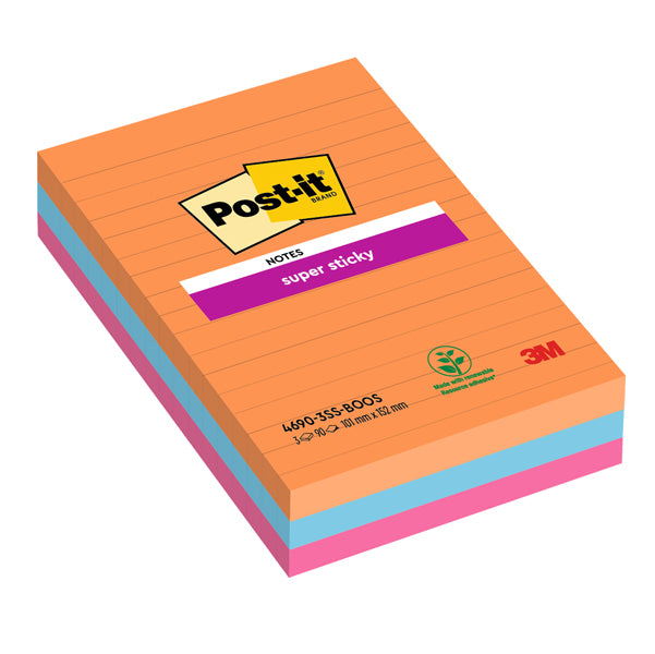 POST-IT - 7100234212 - Blocco Post it  Super Sticky - 4690-3SS-BOOS - a righe - 101 x 152 mm - colori Boost - 90 fogli - Post it  - conf. 3 pezzi