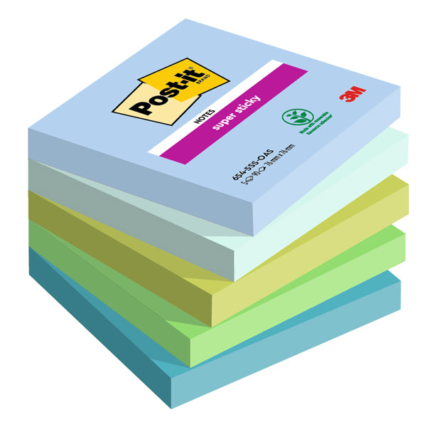 POST-IT - 7100258898 - Blocco Post it  Super Sticky - 654-5SS-OAS - 76 x 76 mm - colori Oasis -  90 fogli - Post it  - conf. 5 pezzi