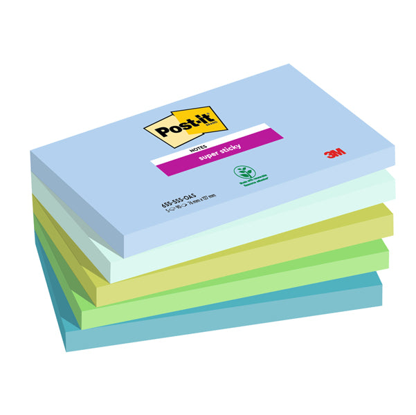 POST-IT - 7100258790 - Blocco Post it  Super Sticky - 655-5SS- OAS - 76 x 127 mm - colori Oasis - 90 fogli - Post it  - conf. 5 pezzi