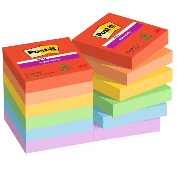 POST-IT - 7100290166 - Blocco Post it  Super Sticky - 622-12SS-PLAY - 47,6 x 47,6 mm - colori Playful - 90 fogli - Post it  - conf. 12 pezzi