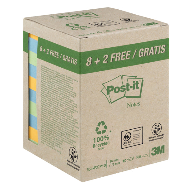 POST-IT - 7100172343 - Blocco foglietti Post-it  - 654-RCP10 - 76 x 76 mm - carta riciciclata - colori pastel - 100 fogli - Post-it  - conf. 10 pezzi