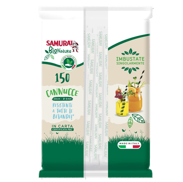 Samurai Party - 3639SM - Cannuccia in carta - 20 cm - bianco-bianco-avana - imbustata singolarmente - Samurai Party - conf. 150 pezzi