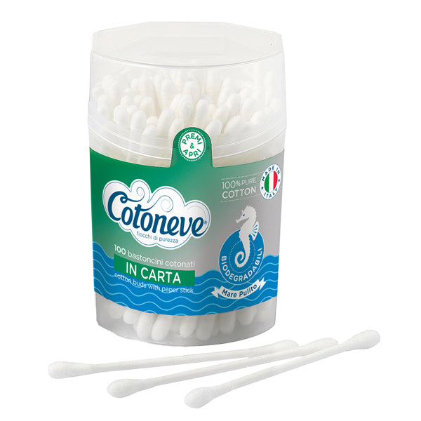 COTONEVE - 1601B - Bastoncini puliorecchie cotonati - carta biodegradabile - Cotoneve - barattolo 100 pezzi