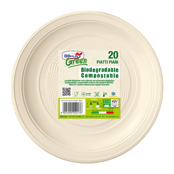 DOPLA - 40033 - Piatti piani biodegradabili - Mater-Bi - diametro 220 mm - avorio - Dopla - conf. 20 pezzi