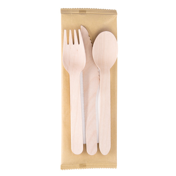 Signor Bio - WCB011BIO100B - Tris posate monouso - con tovagliolo - 16 cm - legno - Signor Bio - conf. 100 pezzi