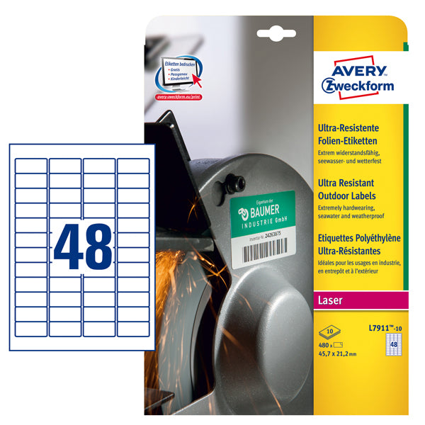 AVERY - L7911-10 - Etichette adesive - permanenti - per stampanti laser - 45,7 x 21,2 mm - 48 et-fg - 10 fogli - polietilene - bianco - Avery