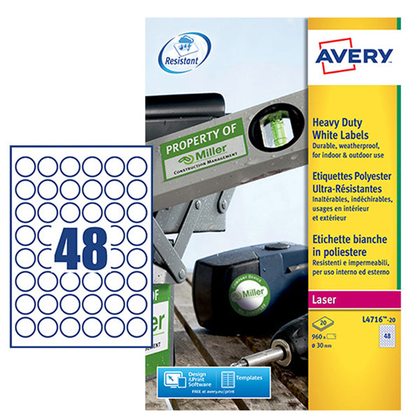 AVERY - L4716-20 - Etichette adesive L4716 - permanenti - per stampanti laser - diametro 30 mm - 48 et-fg - 20 fogli A4 - poliestere - bianco - Avery
