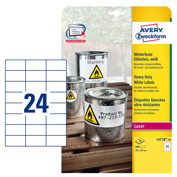 AVERY - L4718-20 - Etichette adesive L4718 - permanenti - per stampanti laser - 70 x 37 mm - 24 et-fg - 20 fogli A4 - poliestere - bianco - Avery