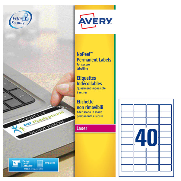 AVERY - L6145-20 - Etichette adesive L6145 - permanenti - per stampanti laser - 45,7 x 25,4 mm - 40 et-fg - 20 fogli A4 - poliestere - bianco - Avery