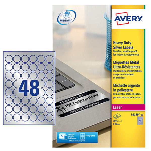 AVERY - L6129-20 - Etichette adesive L6129 - permanenti - per stampanti laser - diametro 30 mm - 48 et-fg - 20 fogli A4 - poliestere - argento - Avery