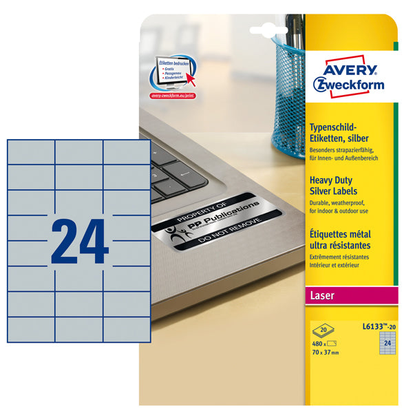 AVERY - L6133-20 - Etichette adesive L6133 - permanenti - per stampanti laser - 70 x 37 mm - 24 et-fg - 20 fogli A4 - poliestere - argento - Avery