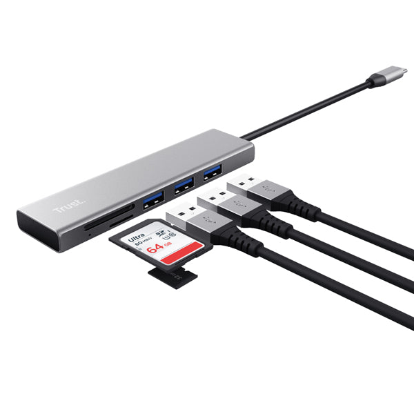 TRUST - 24191 - Hub USB-C veloce e lettore di schede - 3 porte - argento - Trust