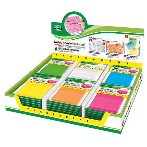 LEBEZ - 81701OD - Blocchetto notes adesivo - 75 x 75 mm - colori trasparenti assortiti - Lebez - conf. 72 pezzi
