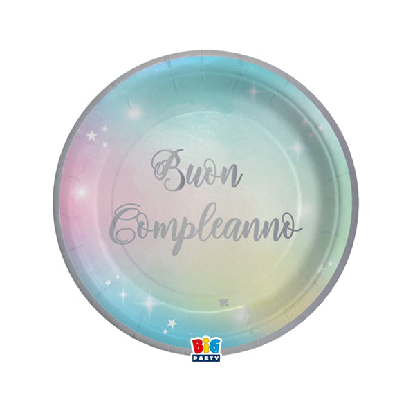 BIG PARTY - 74292 - Piatto Soft Rainbow - Buon Compleanno - diametro 18 cm - carta - Big Party - conf. 8 pezzi