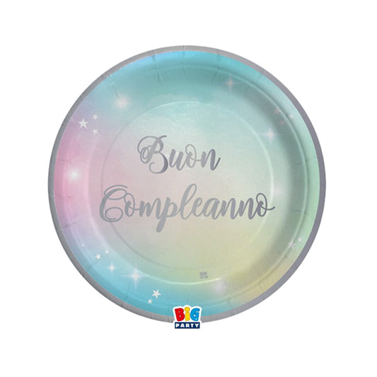 BIG PARTY - 74292 - Piatto Soft Rainbow - Buon Compleanno - diametro 18 cm - carta - Big Party - conf. 8 pezzi