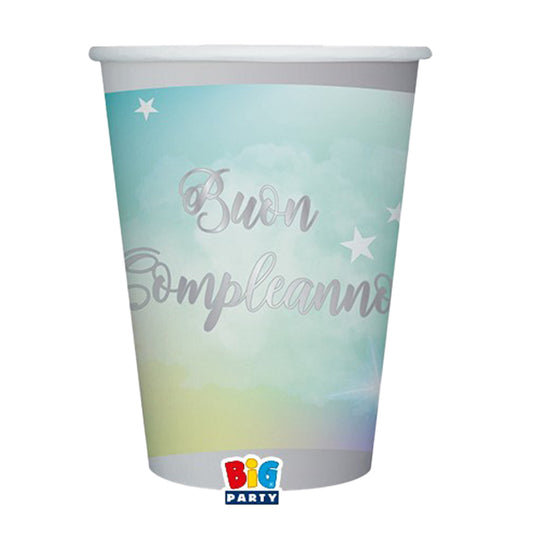 BIG PARTY - 74293 - Bicchiere Soft Rainbow - Buon Compleanno - 200 ml - carta - Big Party - conf. 8 pezzi