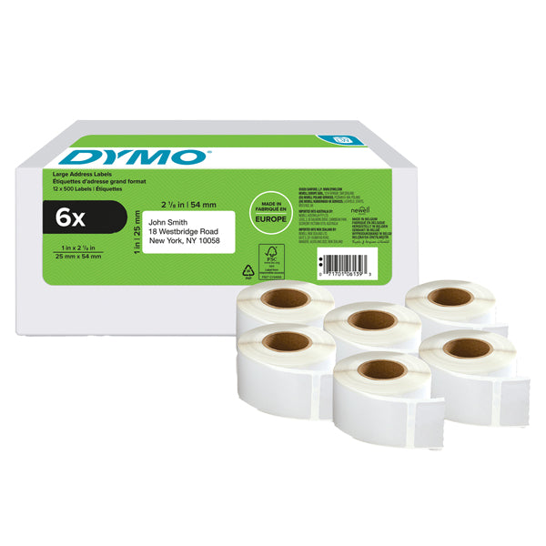 DYMO - 2177564 - Rotolo etichette per Indirizzi - 25 x 54 mm - bianco - Dymo - value pack 6 pezzi - 99557 -  Conf. da 1 Pz.
