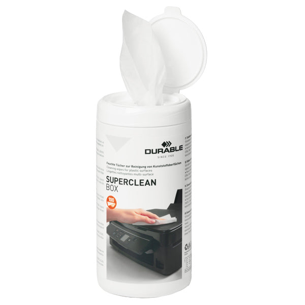 DURABLE - 5708-02 - Salvietta detergente per superfici in plastica SUPERCLEAN BOX - Durable - conf. 100 pezzi - 99764 -  Conf. da 1 Pz.