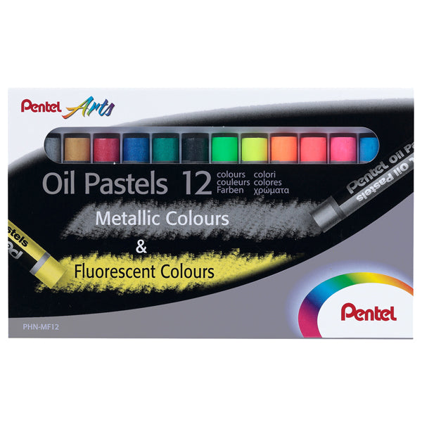PENTEL - PHN-MF12 - Pastelli a olio - lunghezza 60 mm - colori fluo e metal assortiti - Pentel - astuccio 12 pezzi - 99852 -  Conf. da 1 Pz.