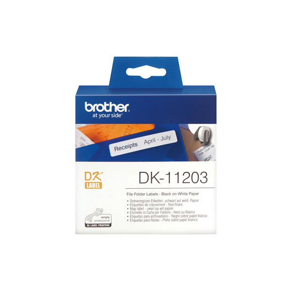 DK-11203 - Brother - Rotolo 300 Etichette adesive 17 x 87mm - Nero/Bianco - DK-11203<br\> Altre Informazioni: <br\>300 etichette ades in carta Nero/Bianco 17mm x 87mm - BROTHER Conf. da 1 Pz.