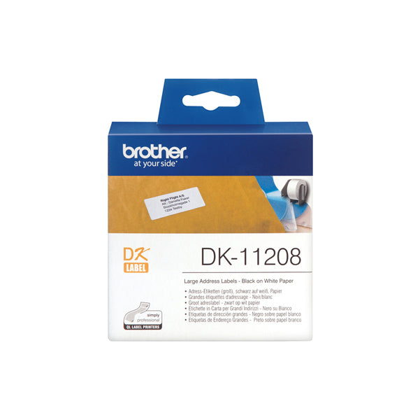 DK-11208 - Brother - Rotolo 400 Etichette 38 x 90 mm - Nero/Bianco - DK-11208<br\> Altre Informazioni: <br\>400 etichette ades in carta Nero/Bianco 38mm x 90mm - BROTHER Conf. da 1 Pz.