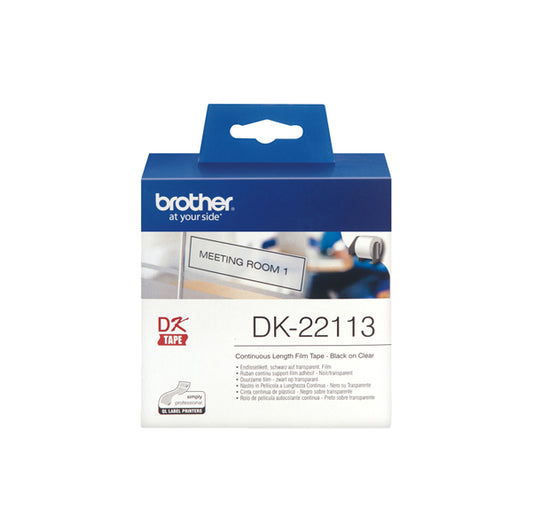 DK22113 - Brother - Nastro adesivo - in pellicola - Nero/Trasparente - 62mm x 15,24mt - DK-22113<br\> Altre Informazioni: <br\>Nastro ades in pellicola Nero/Trasparente 62mm - 15.24 metri lunghezza - BROTHER Conf. da 1 Pz.