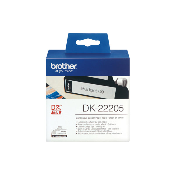 DK22205 - Brother - Rotolo etichetta continua - Nero/Bianco - 62mm x 30,48mt - DK22205<br\> Altre Informazioni: <br\>Nastro ades in carta Nero/Bianco 62mm - 30.48 metri lunghezza - BROTHER Conf. da 1 Pz.