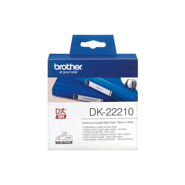 DK-22210 - Brother - Rotolo etichetta continua - Nero/Bianco - 29mm x 30,48mt - DK22210<br\> Altre Informazioni: <br\>Nastro ades in carta Nero/Bianco 29mm - 30.48 metri lunghezza - BROTHER Conf. da 1 Pz.