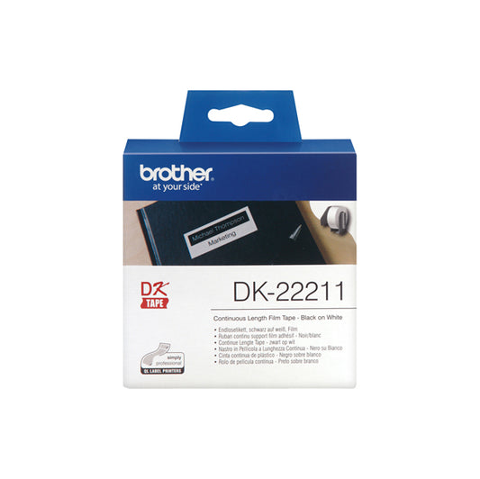 DK22211 - Brother - Nastro adesivo - in pellicola - Nero/Bianco - 29mm x 15,24mt - DK22211<br\> Altre Informazioni: <br\>Nastro ades in pellicola Nero/Bianco 29mm - 15.24 metri lunghezza - BROTHER Conf. da 1 Pz.