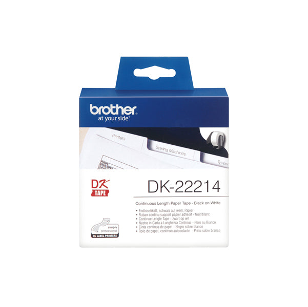 DK-22214 - Brother - Rotolo etichetta continua - Nero/Bianco - 12mm x 30,48mt - DK22214<br\> Altre Informazioni: <br\>Nastro ades in carta Nero/Bianco 12mm - 30.48 metri lunghezza - BROTHER Conf. da 1 Pz.