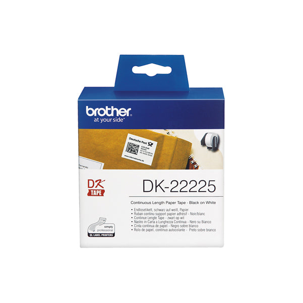 DK22225 - Brother - Nastro adesivo - Nero/Bianco - 38mm x 30,48mt - DK22225<br\> Altre Informazioni: <br\>Nastro ades in carta Nero/Bianco 38mm - 30.48 metri lunghezza - BROTHER Conf. da 1 Pz.