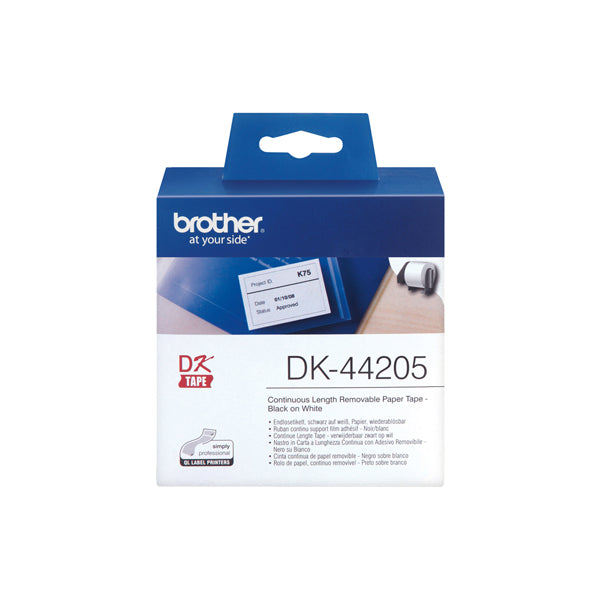 DK-44205 - Brother - Nastro adesivo - Nero/Bianco - 62mm x 30,48mt - DK44205<br\> Altre Informazioni: <br\>Nastro ades in carta Nero/Bianco 62mm - 30.48 metri lunghezza con adesivo removibile - BROTHER Conf. da 1 Pz.