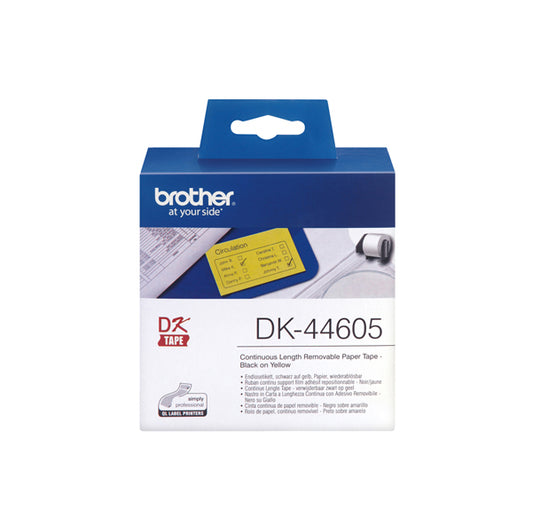 DK44605 - Brother - Nastro adesivo - rimovibile -Nero/Giallo - 62mm x  30,48mt - DK44605<br\> Altre Informazioni: <br\>Nastro ades in carta Nero/Giallo 62mm - 30.48 metri lunghezza con adesivo removibile - BROTHER Conf. da 1 Pz.