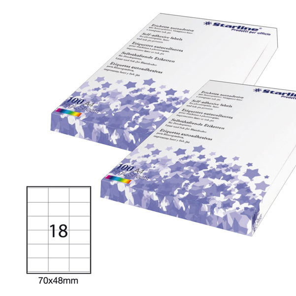 STARLINE - STL3026 - Etichette adesive - permanenti - 70 x 48 mm - 18 et-fg - 100 fogli A4 - bianco - Starline
