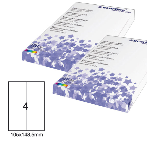 STARLINE - STL3037 - Etichette adesive - permanenti - 105 x 148,5 mm - 4 et-fg - 100 fogli A4 - bianco - Starline