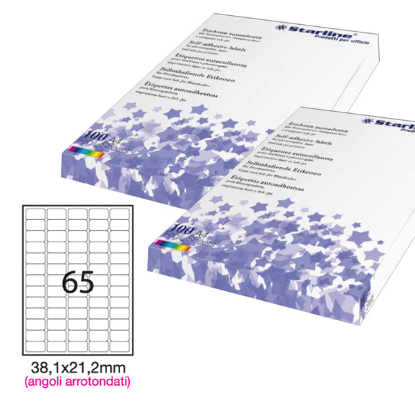 STARLINE - STL3046 - Etichette adesive - permanenti - angoli arrotondati - 38,1 x 21,2 mm - 65 et-fg - 100 fogli A4 - bianco - Starline