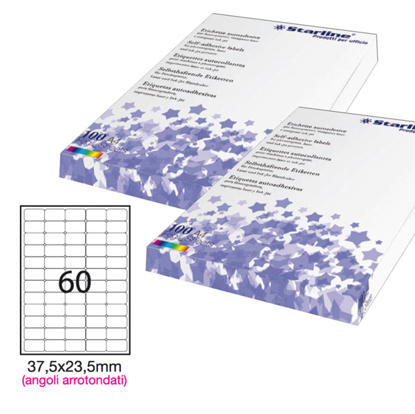 STARLINE - STL3048 - Etichette adesive - permanenti - angoli arrotondati - 37,5 x 23,5 mm - 60 et-fg - 100 fogli A4 - bianco - Starline