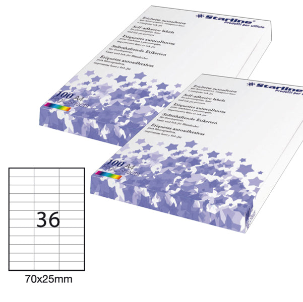 STARLINE - STL3053 - Etichette adesive - permanenti - 70 x 25 mm - 36 et-fg - 100 fogli A4 - bianco - Starline