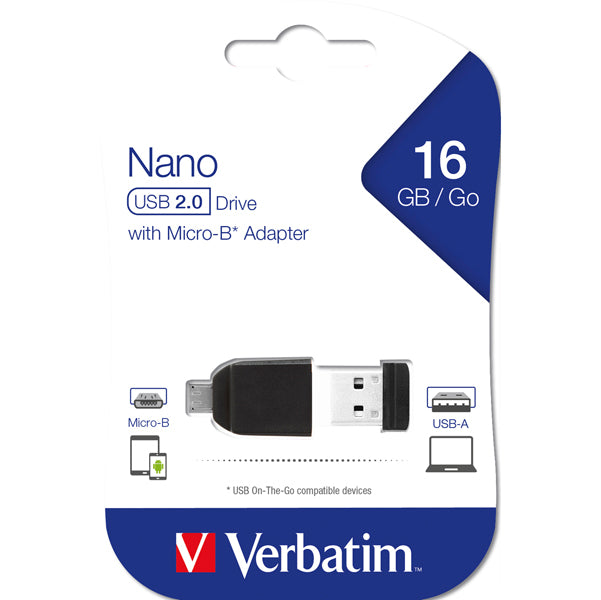 VERBATIM - 49821 - Memoria usb2.0 16gb store 'n' stay nano + otg micro usb adapter